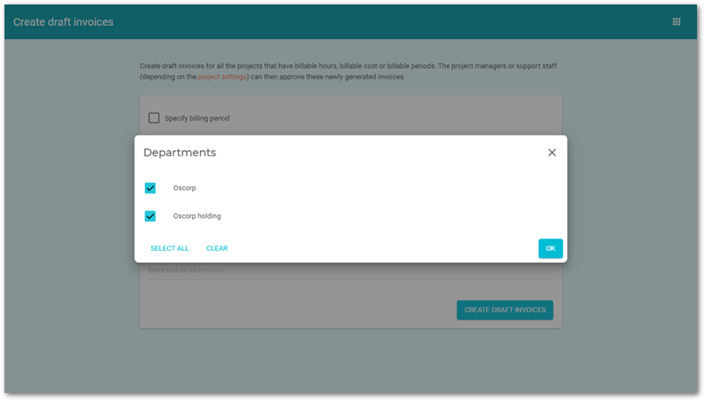 create draft invoices app filter depts