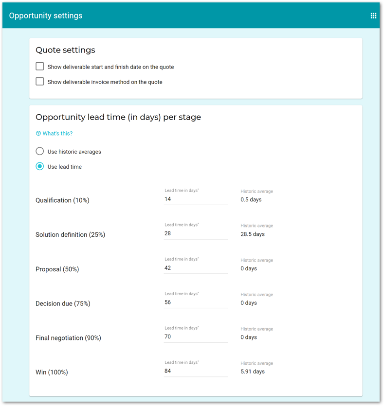 opportunity settings page